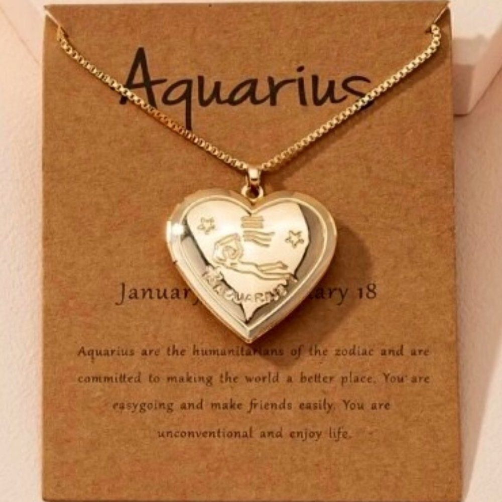 GOLD ZODIAC AQUARIUS HEART LOCKET NECKLACE